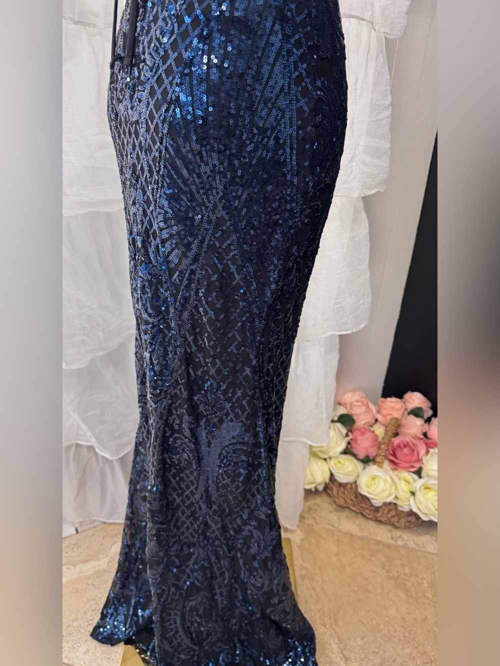 Windsor Navy Sequin Halter Gown with Thigh Slit - Picture 4 of 16
